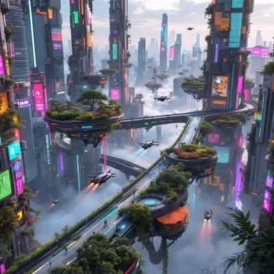 The primary subject of the image is a futuristic city with a variety of buildings, including skyscrapers and towers. The city is filled with greenery, including trees and plants, which adds a lively atmosphere to the scene. The visual style of the image is digital art, giving it a vibrant and colorful appearance. The colors and mood of the image are predominantly bright and energetic, with a sense of excitement and wonder.